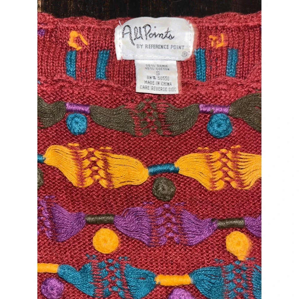Vintage All Points Reference Point Textured Tassel Knit Sweater Red Multi Small